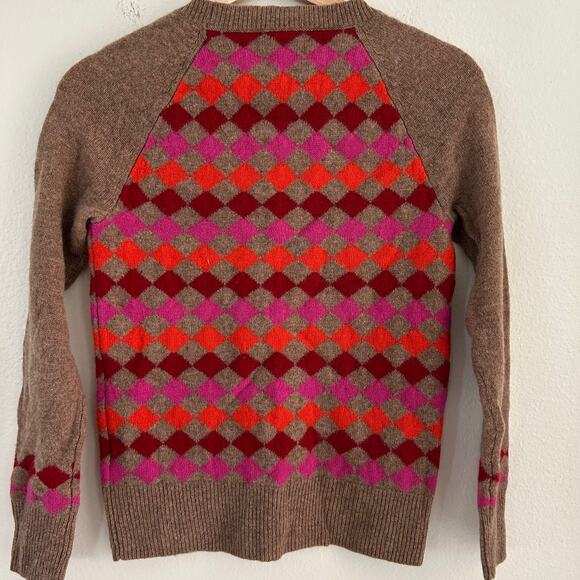 J Crew Sweater Pullover 100% Lambs Wool Brown Multi Diamond Pattern SZXXS - Picture 2 of 12